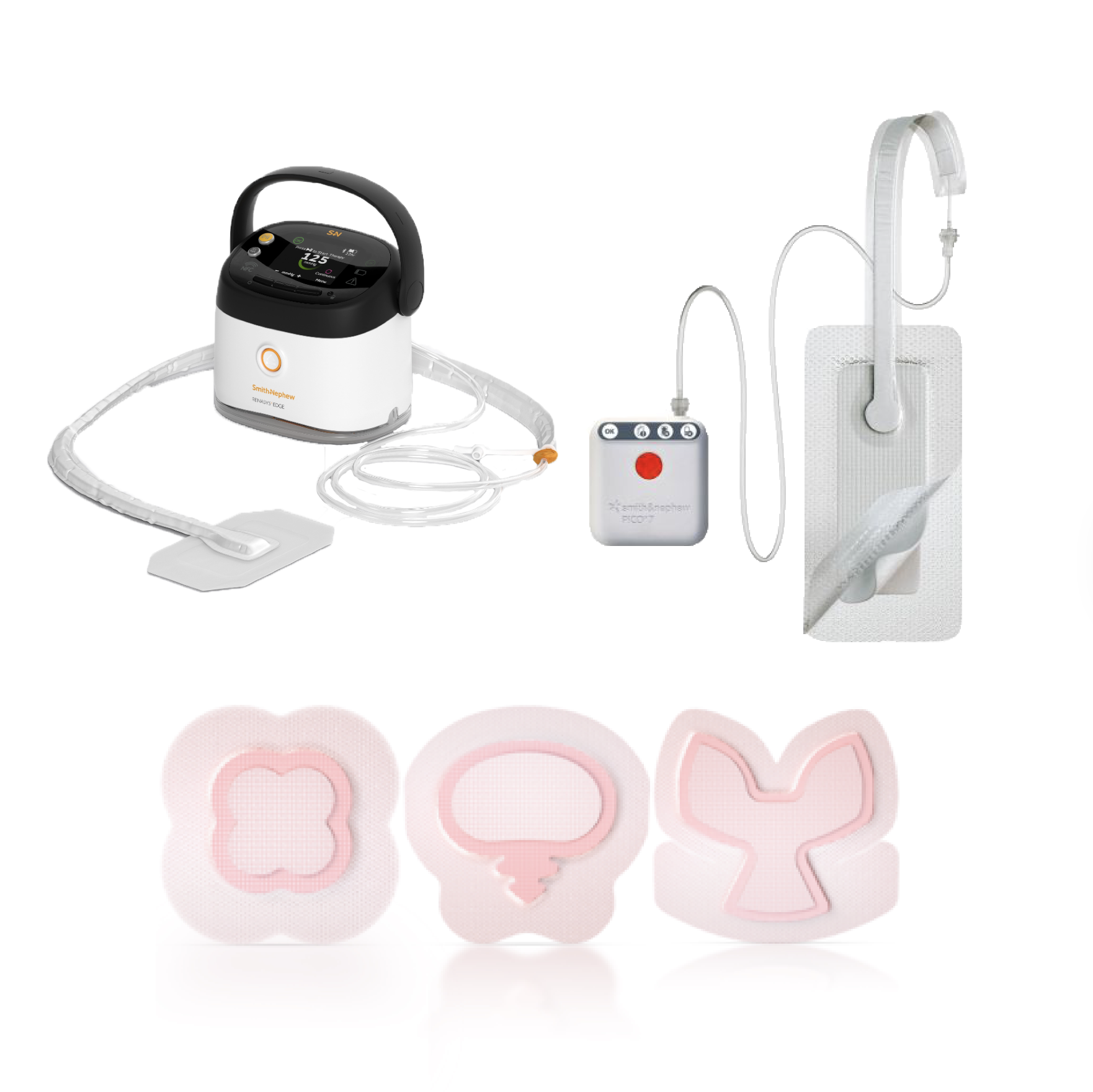 Smith+Nephew RENAYY+ EDGE negative pressure wound therapy device with three different wound dressing shapes.