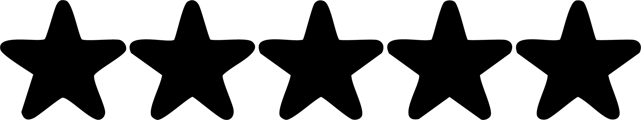 Five black stars in a horizontal row on a transparent background, representative of a five-star review.