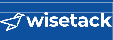 Wisetack company logo with a stylized paper airplane icon and the brand name in bold white letters on a blue background.