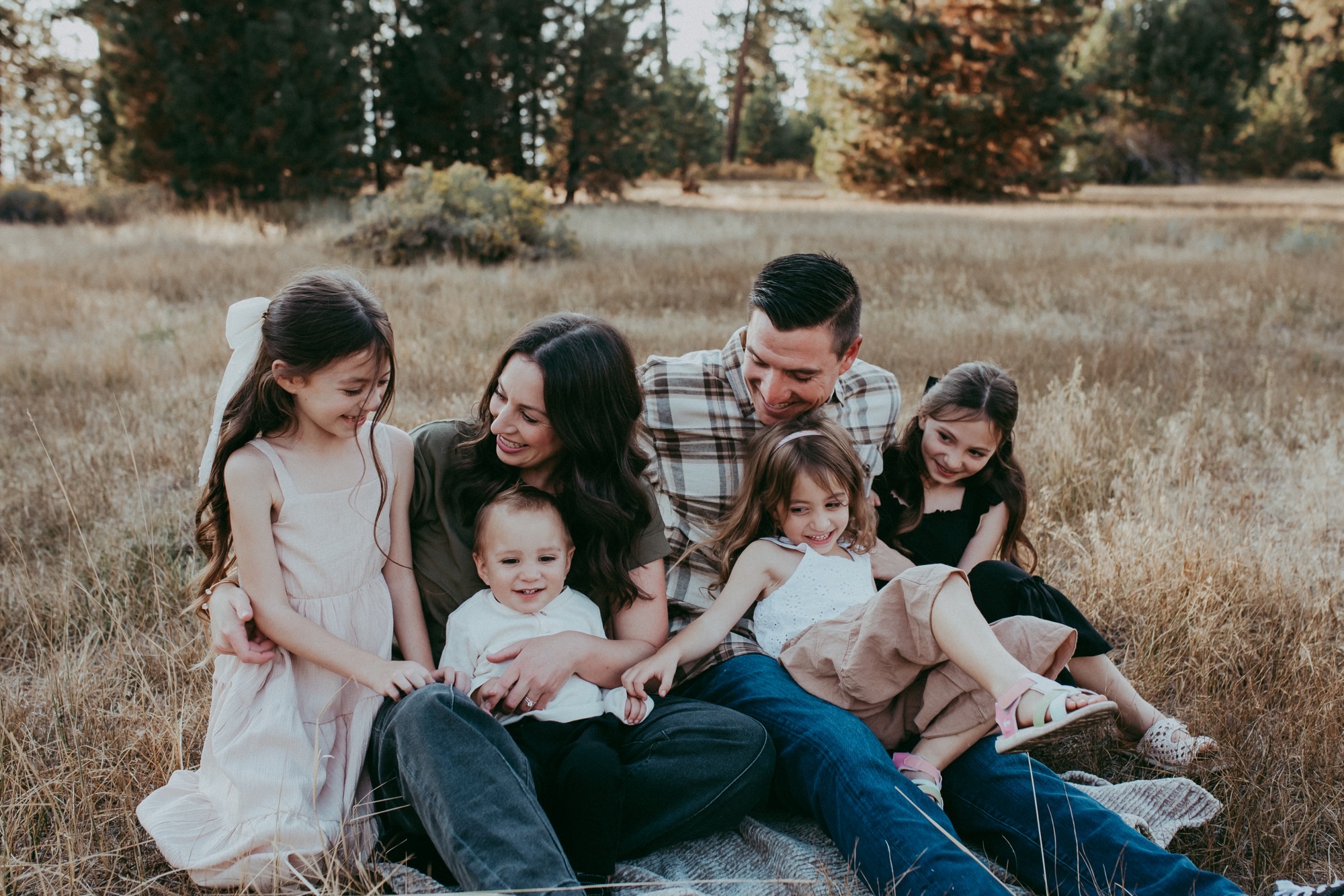 Smiling family of six sitting together on a blanket in a grassy field with trees in the background.