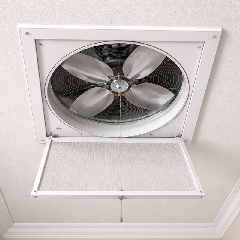 Ceiling-mounted whole house fan with four metal blades and an open rectangular vent cover hanging down.