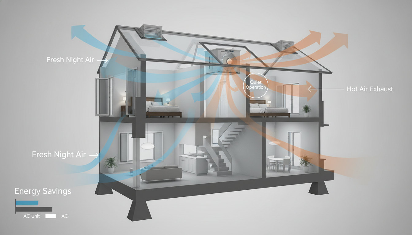 Cutaway house model showing a ceiling fan circulating fresh night air inside and exhausting hot air outside with energy savings compared to AC units.