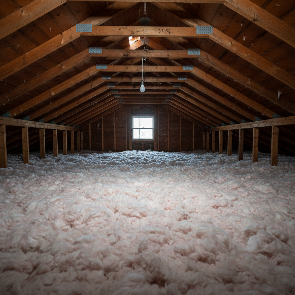 Unfinished attic with wooden beams and floor covered in pink fiberglass insulation, small window at the far end.