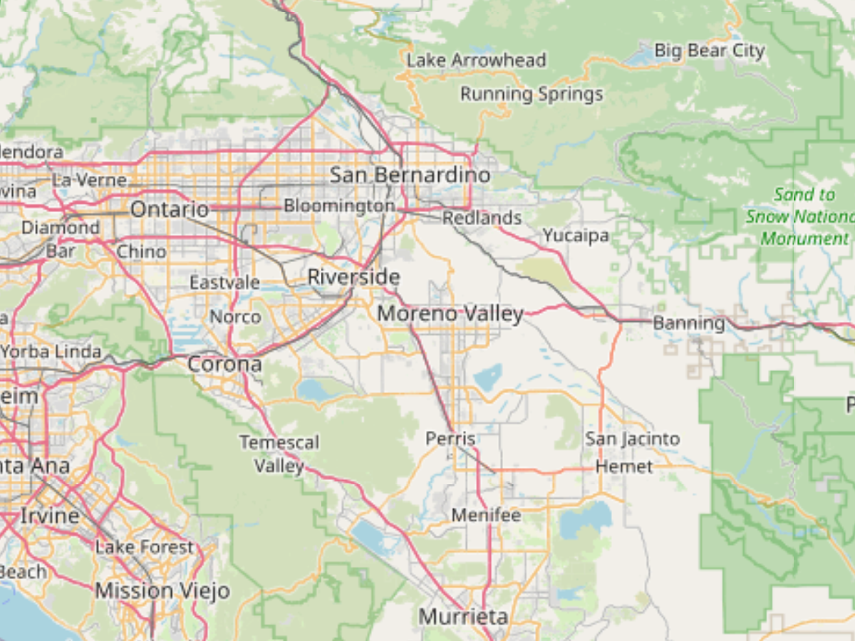 Map showing service areas including San Bernardino, Riverside, Moreno Valley, Perris, Temescal Valley, and surrounding cities in Southern California.