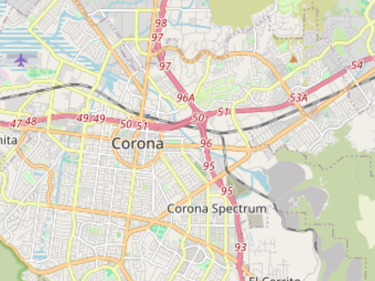 Map of Corona area showing major roads, highways, and intersections including routes 50, 51, 95, and 96 with surrounding neighborhoods.