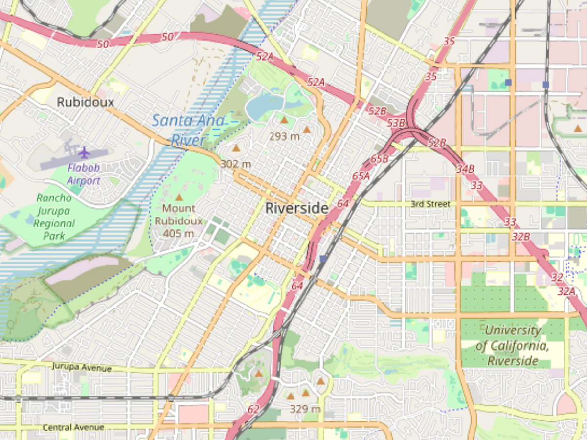 Map of Riverside, California showing major roads, Santa Ana River, Flabob Airport, Rancho Jurupa Regional Park, Mount Rubidoux, and University of California, Riverside.
