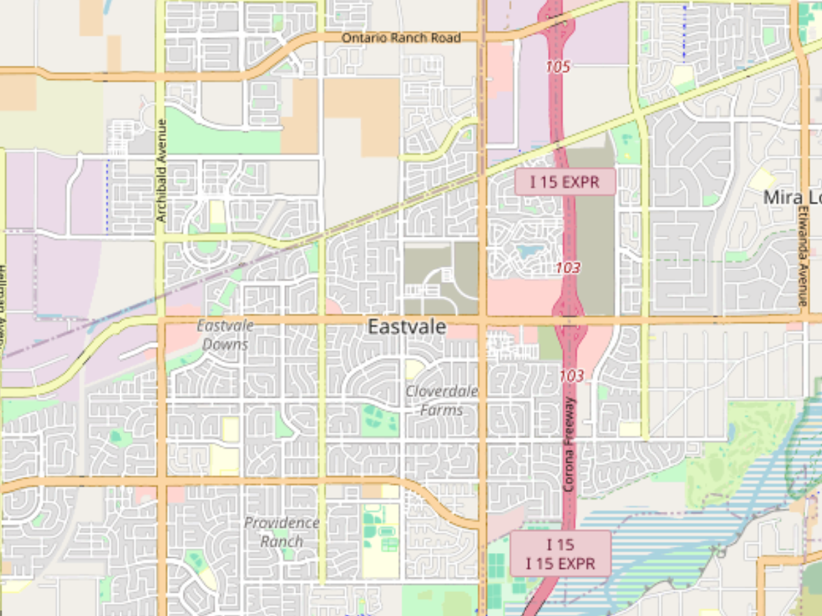 Map of Eastvale city showing main roads including Ontario Ranch Road, Archibald Avenue, and I-15 Expressway with neighborhoods like Cloverdale Farms and Providence Ranch.