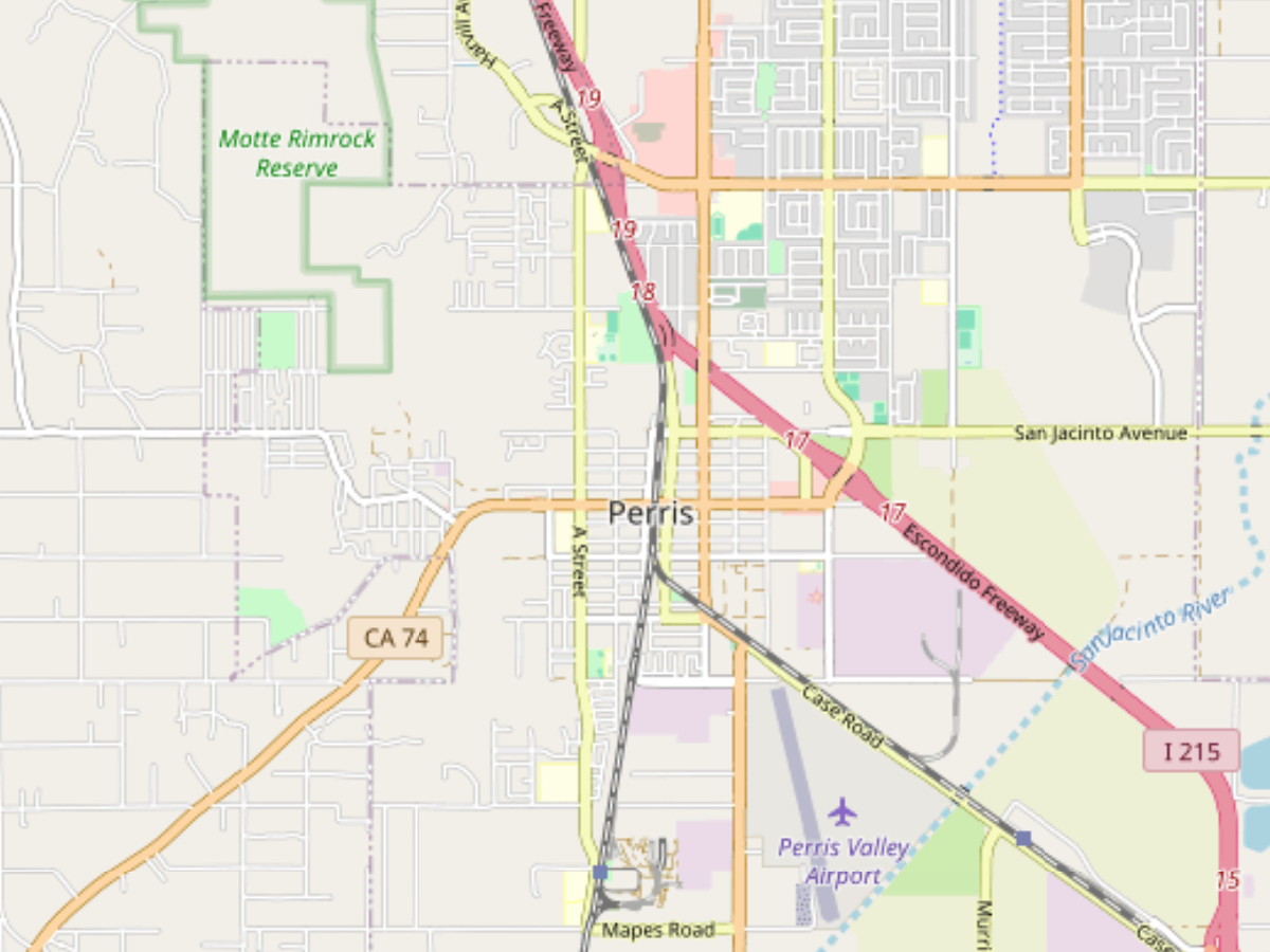 Map of Perris, California, showing main roads including CA 74, I 215, Escondido Freeway, San Jacinto Avenue, and Perris Valley Airport.