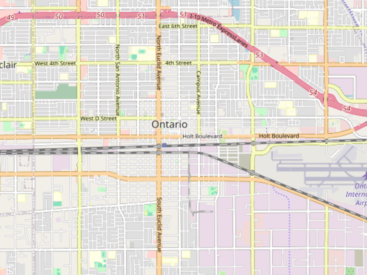 Map of Ontario city showing major streets like Holt Boulevard, West 4th Street, North and South Euclid Avenue, with highways including I-10 Metro Express Lanes and nearby Ontario International Airport.