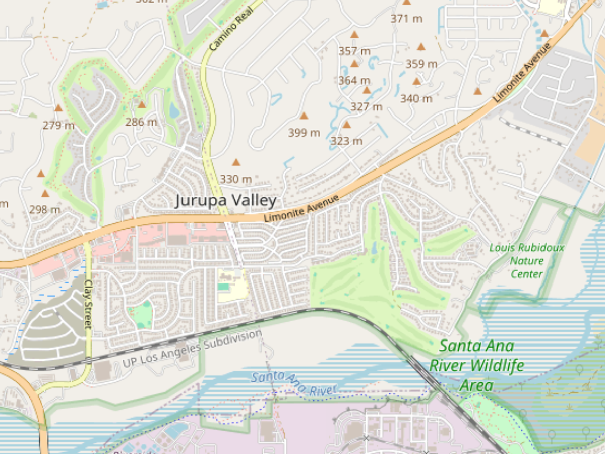 Map showing Jurupa Valley area with roads including Limonite Avenue and Clay Street, nearby Santa Ana River Wildlife Area, and elevation markers in meters.
