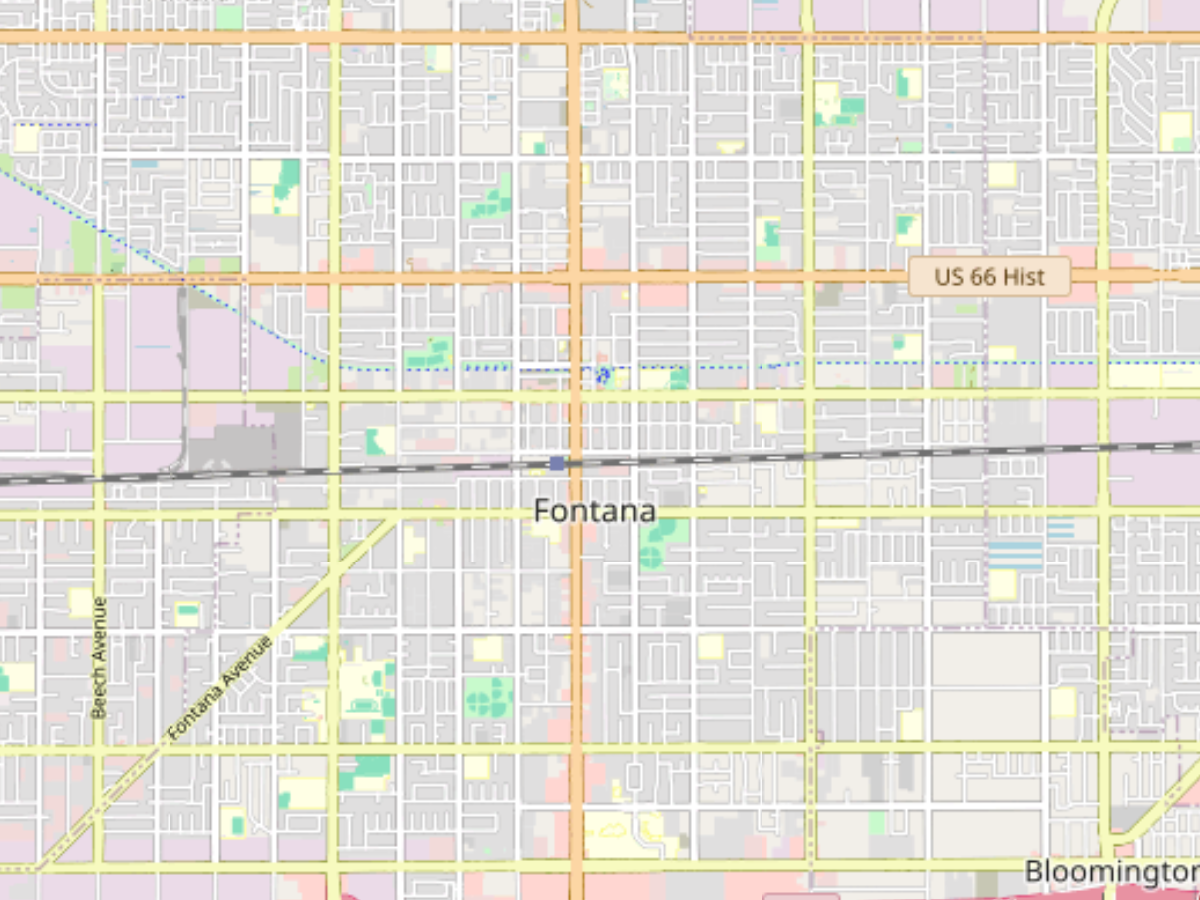 Map showing the city of Fontana with major streets including Beech Avenue, Fontana Avenue, and US 66 Hist route.