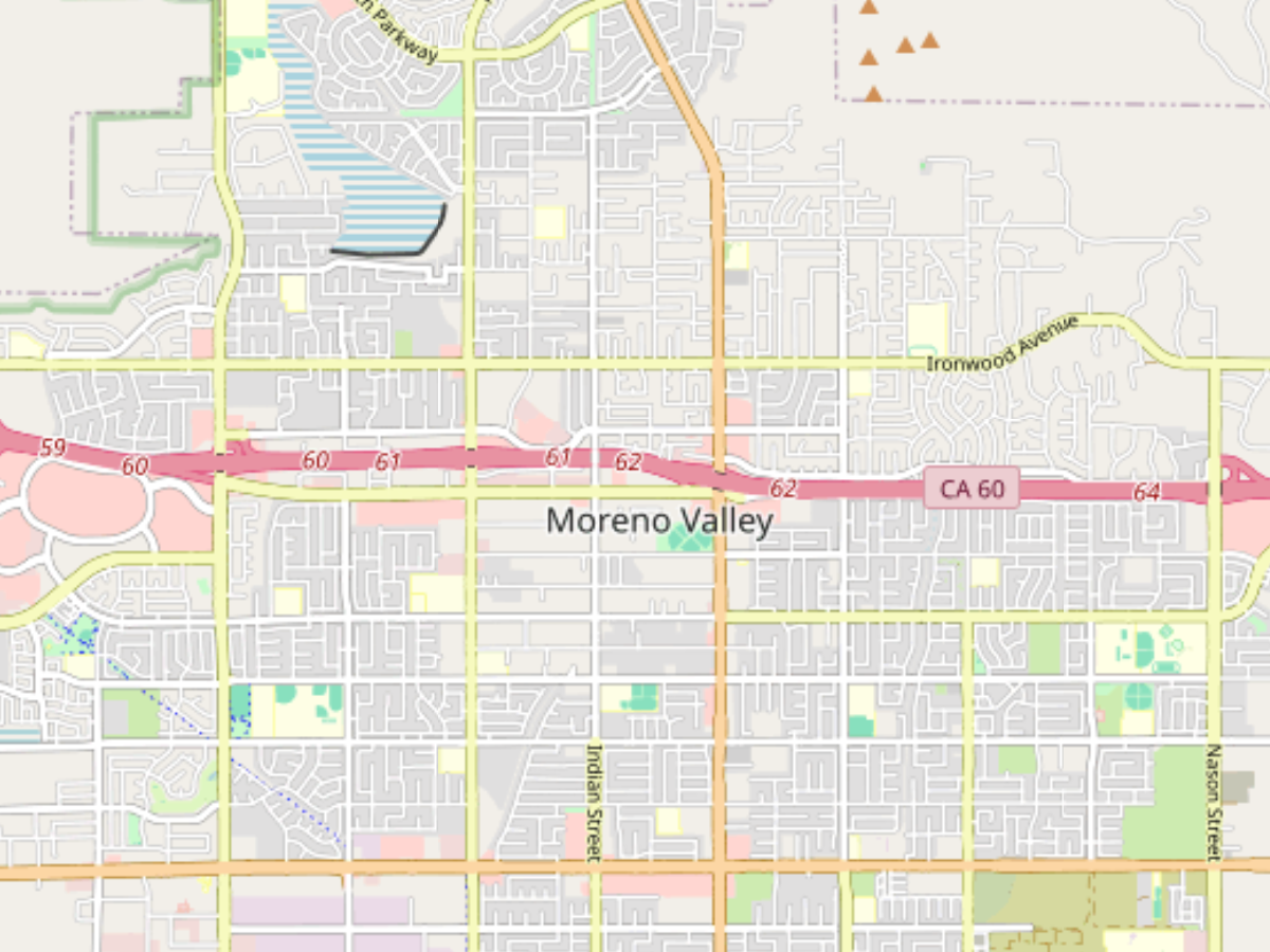Map showing Moreno Valley with CA 60 highway running east-west and surrounding streets including Ironwood Avenue, Indian Street, and Nason Street.