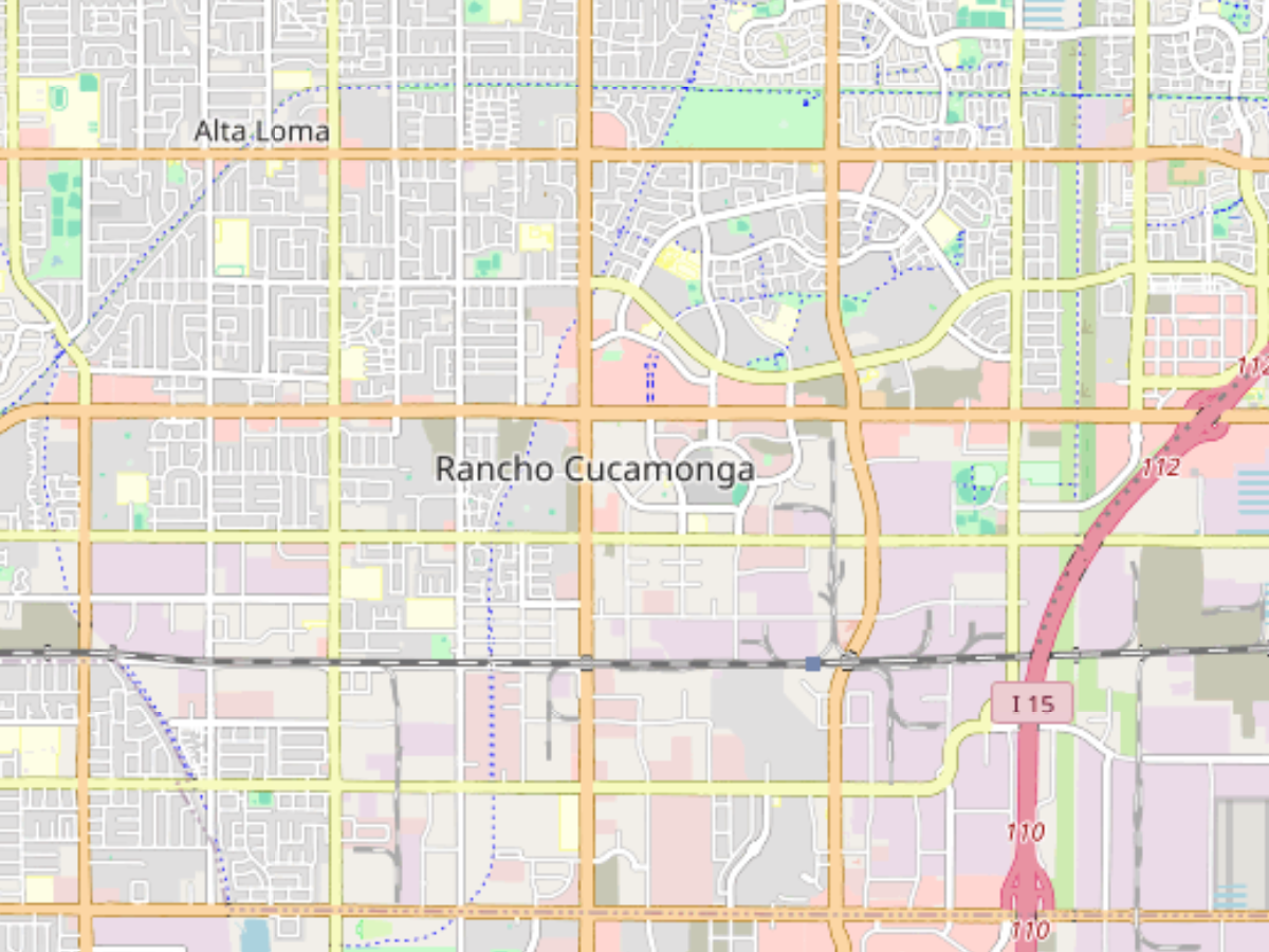Map section showing Rancho Cucamonga and nearby Alta Loma with roads and highways including Interstate 15.