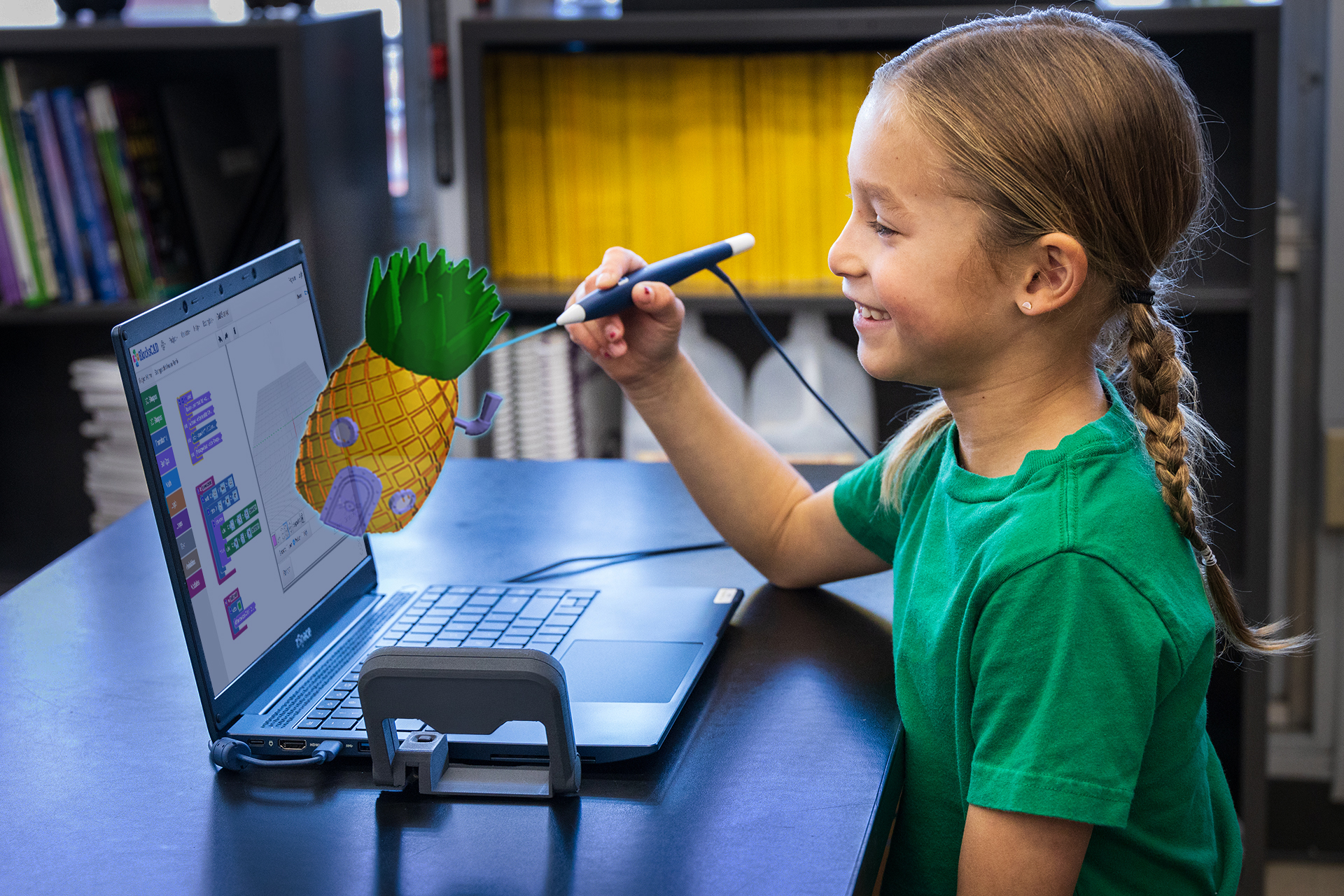 girl is using a stylus and 3D display to digitally study an pineapple in 3D