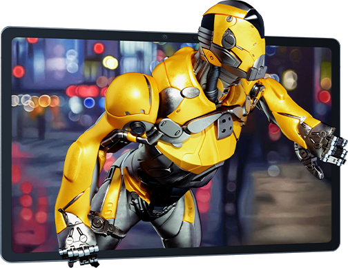 Showing a transformer robot looking out of the screen, it appears as he is climbing out as he is  in 3D with his hands around the bezel