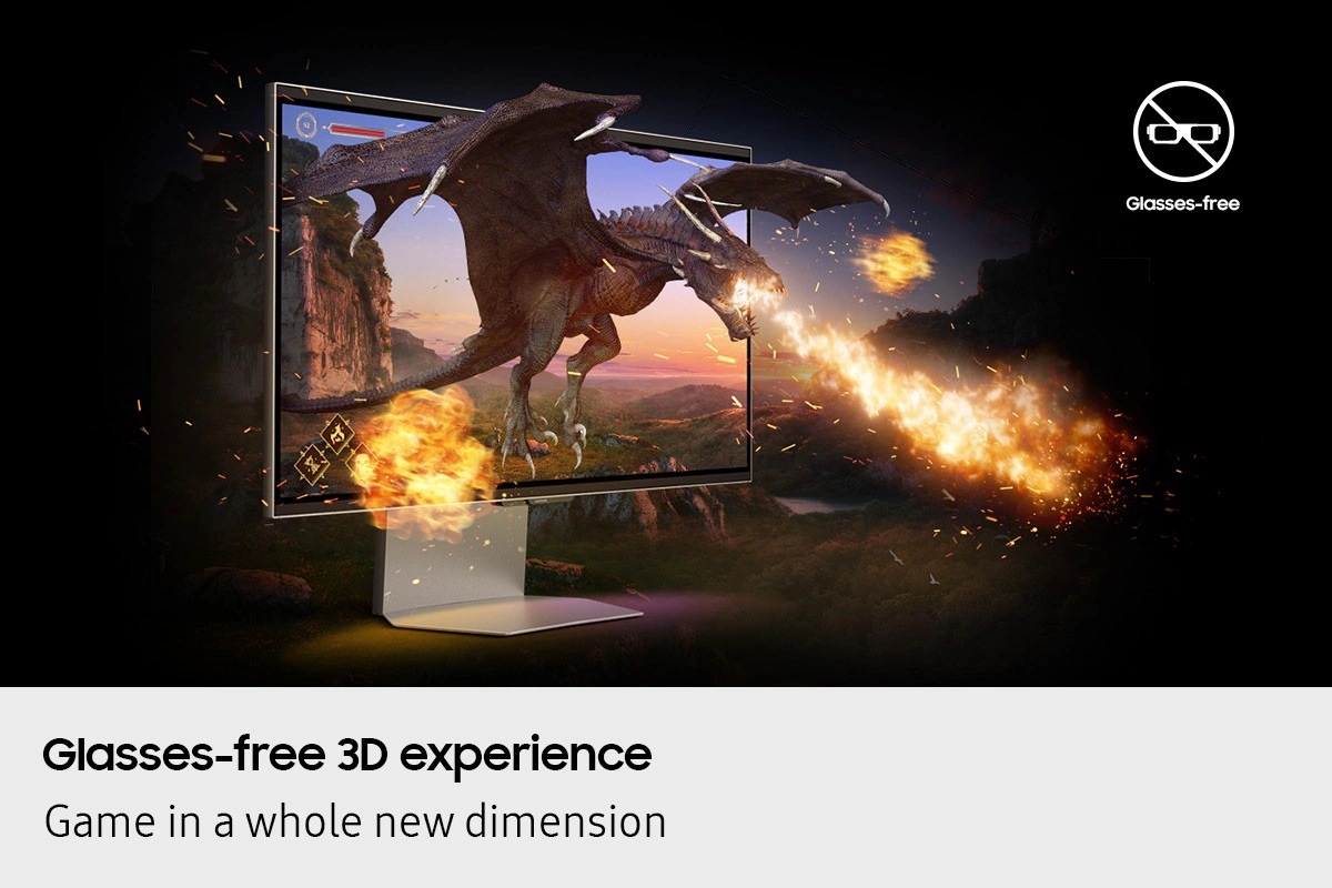 Glasses-free 3D experience. Game in a whole new dimension. Showcasing a dragon popping out of the 3D screen.