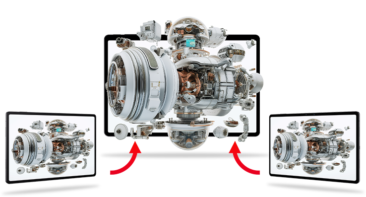based on a left and a right view of the engine, together in stereo the engine is shown in 3D