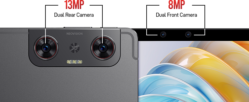 13MP stereo Rear and 8MP Stereo Front camera for 3D image and video taking.