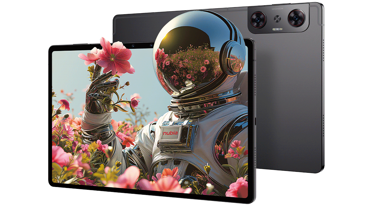 key visual f the tablet that showcases an astronaut displayed  in 3D. In the background you see the backside with has a stereo camera.