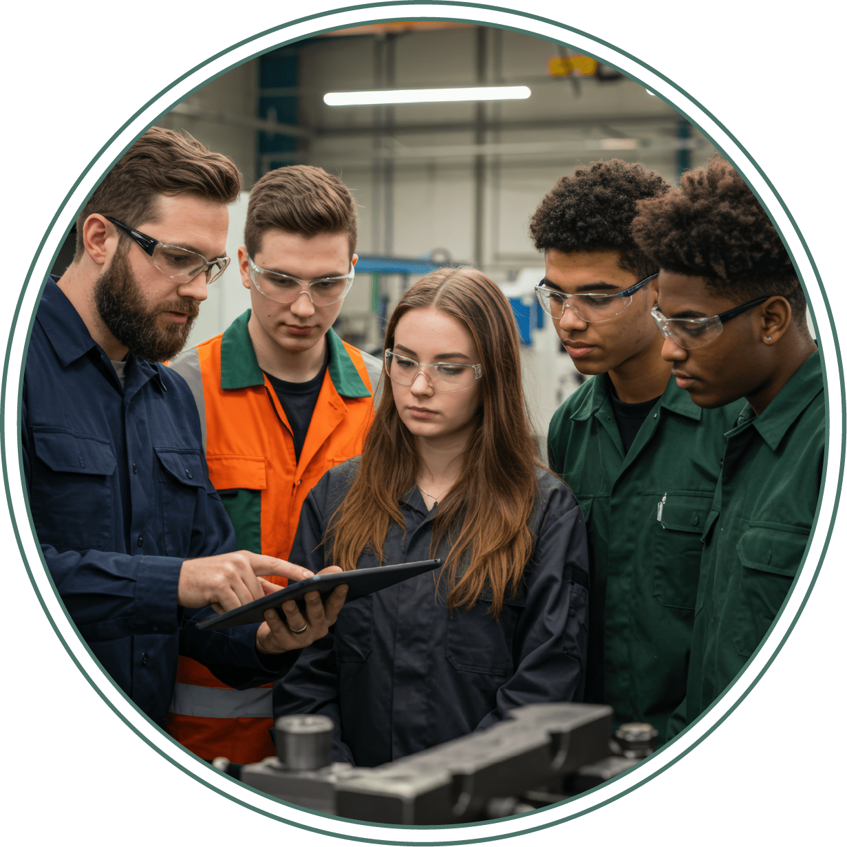 Engineer explaining something on a tablet to a diverse group of young workers wearing safety glasses and work uniforms in a workshop.