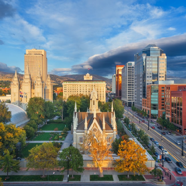 Aerial view of a cityscape featuring historic and modern buildings, green trees, and a street with cars under a partly cloudy sky.
