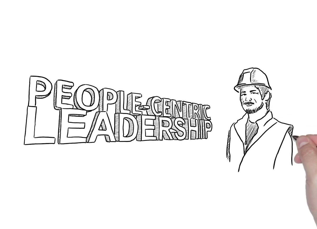 Hand drawing illustration of a man wearing a hard hat and safety vest next to 3D text that reads 'People-Centric Leadership'.