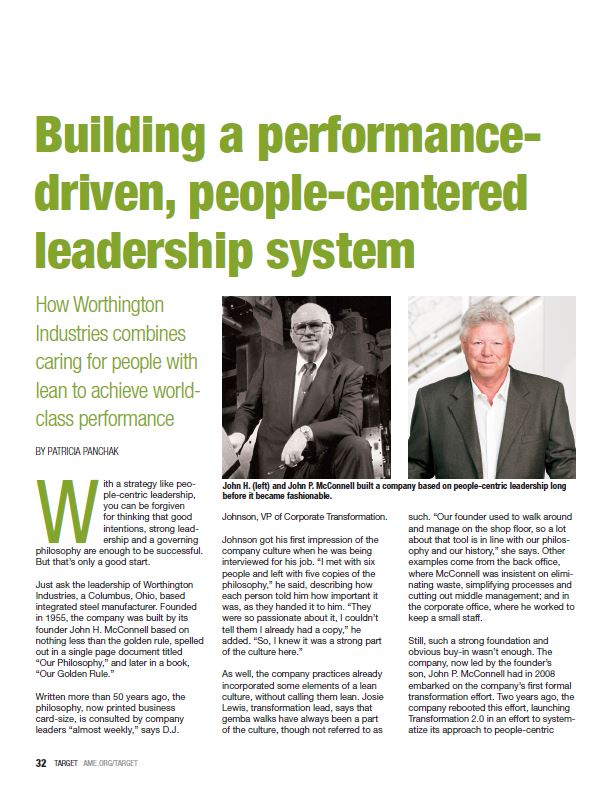 Magazine article titled 'Building a performance-driven, people-centered leadership system' featuring photos of John H. and John P. McConnell, discussing Worthington Industries' leadership philosophy.