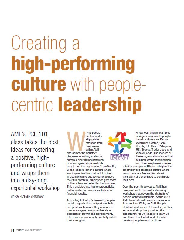 Magazine page titled 'Creating a high-performing culture with people-centric leadership' featuring an article about fostering positive workplace culture and leadership strategies.