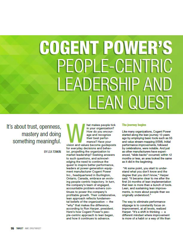Article titled 'Cogent Power's People-Centric Leadership and Lean Quest' with a green geometric header and excerpt discussing trust, openness, mastery, and continuous improvement in leadership.