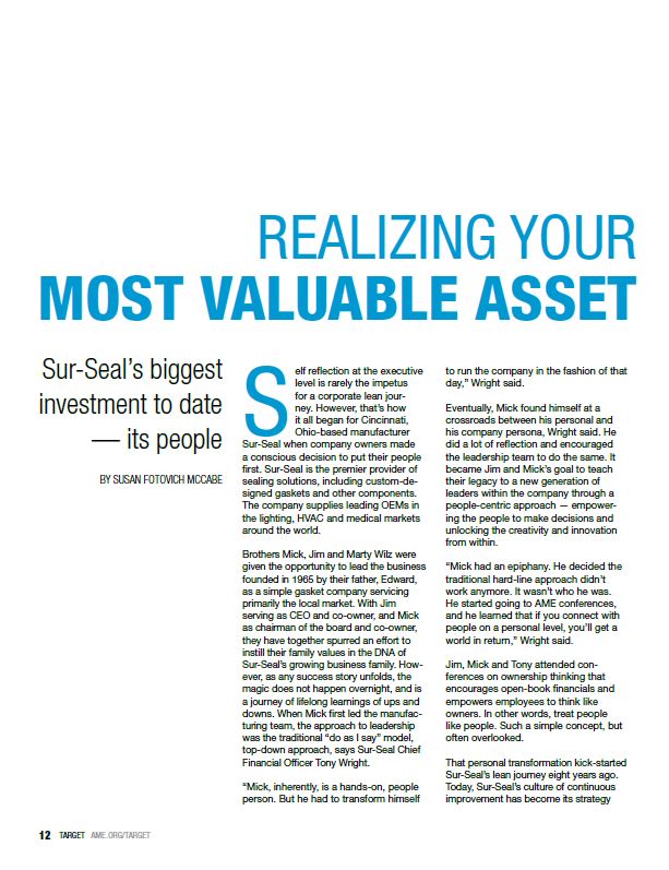 Magazine article titled 'Realizing Your Most Valuable Asset' about Sur-Seal’s investment in its people, detailing leadership and company growth.