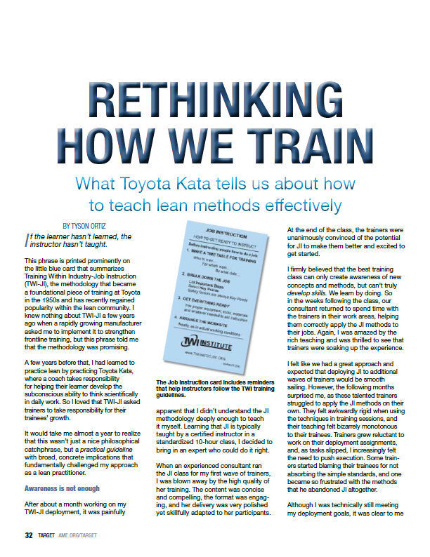 Page titled 'Rethinking How We Train' discussing Toyota Kata and effective lean methods training, featuring an image of a Job Instruction card and a detailed article by Tyson Ortiz.