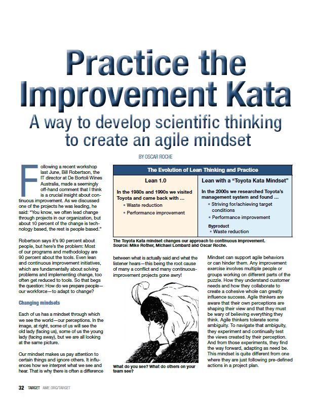 Article titled 'Practice the Improvement Kata' about developing scientific thinking and agile mindset with a chart comparing Lean 1.0 and Lean with a Toyota Kata Mindset and an illustration showing two people facing different directions but seeing the same image differently.
