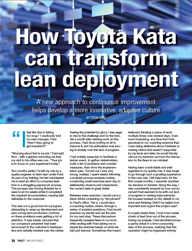 Title text 'How Toyota Kata can transform lean deployment' over a blurred flowchart background.