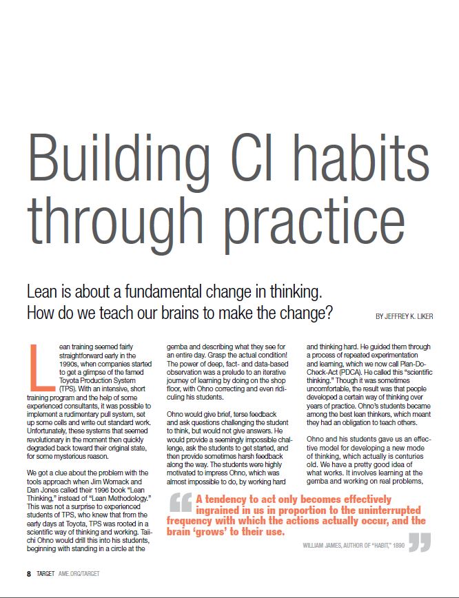 Magazine article titled 'Building CI habits through practice' by Jeffrey K. Liker, discussing Lean thinking and behavior change in organizations.