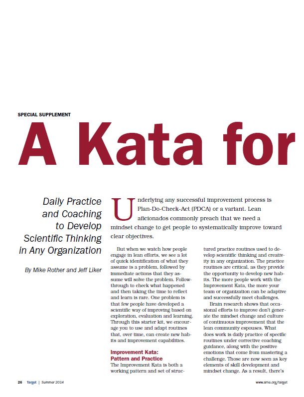 Magazine article titled 'A Kata for' about daily practice and coaching to develop scientific thinking in organizations by Mike Rother and Jeff Liker.