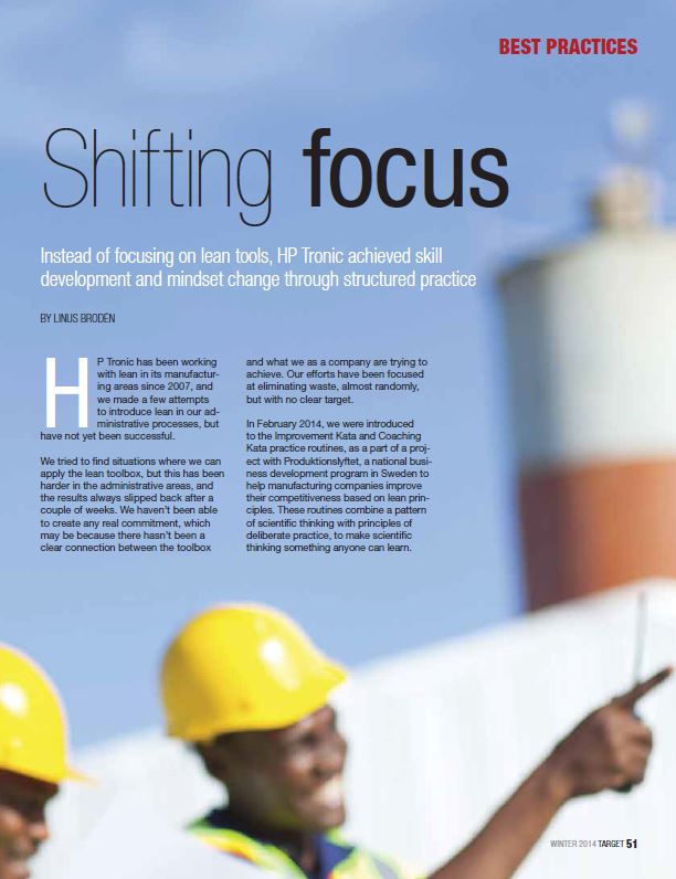 Magazine page titled 'Shifting focus' discussing HP Tronic's skill development through lean practice, with two workers in yellow helmets giving thumbs up.