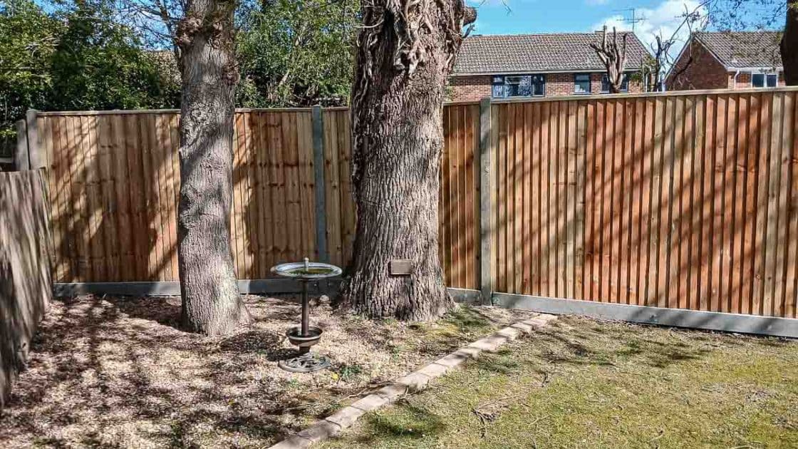 Timber fence with concrete posts and gravel boards installed between mature garden trees, creating a strong and tidy boundary.