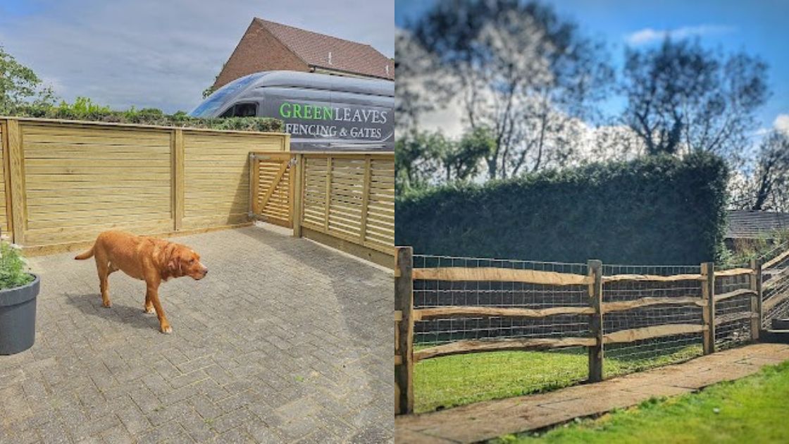 Secure garden fencing designed for dogs, featuring durable panels enclosing a patio and lawn area.