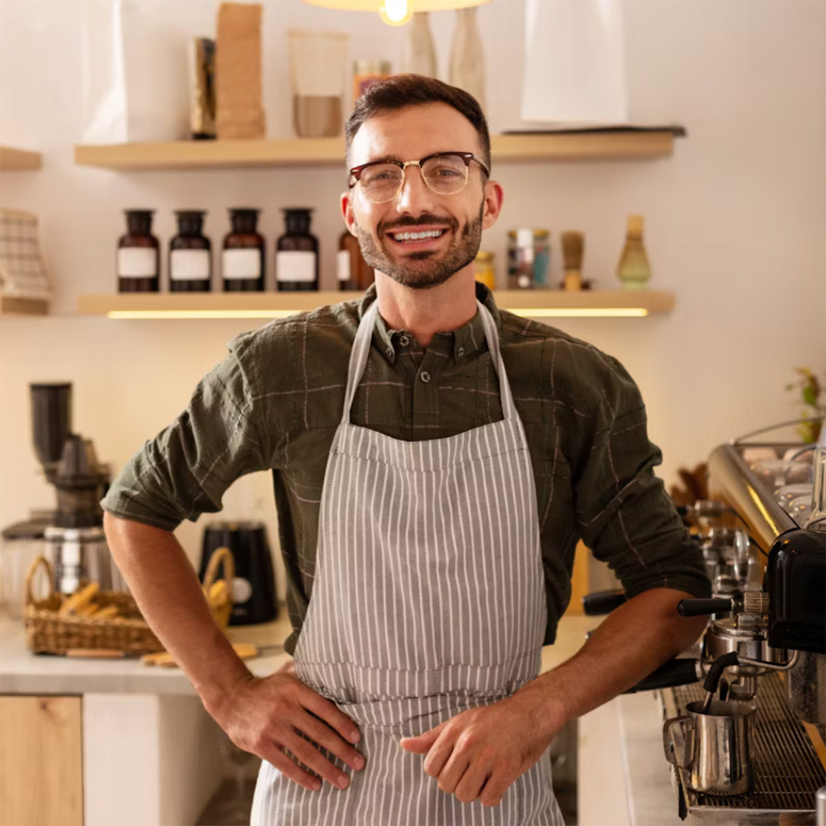Smiling café owner in glasses and a gray striped apron stands behind an espresso machine in a warm, modern coffee shop.