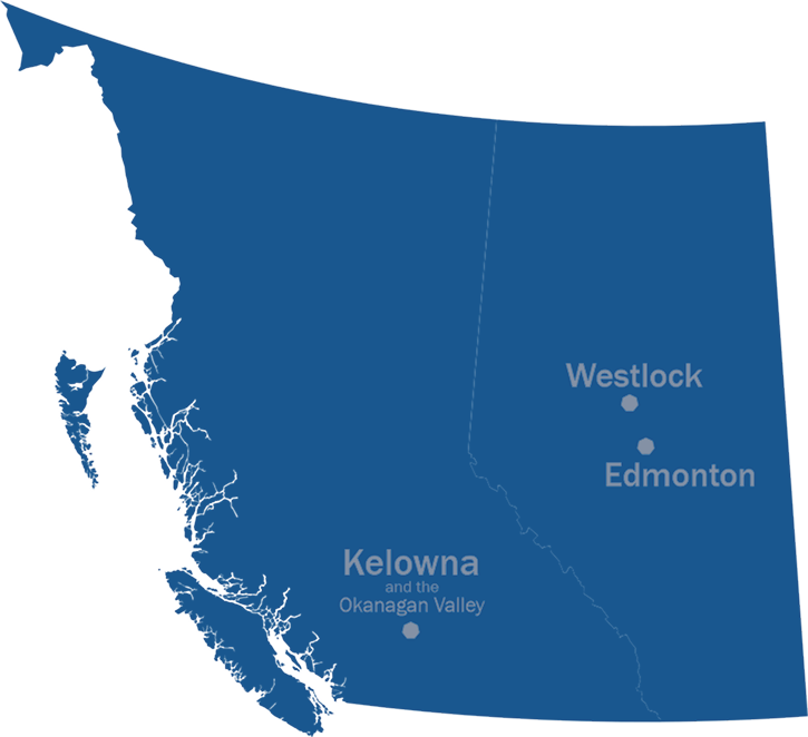 Map highlighting parts of Western Canada with locations Westlock and Edmonton in Alberta, and Kelowna and the Okanagan Valley in British Columbia.