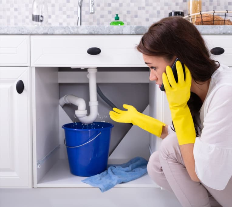 Woman troubleshooting leaking sink, on the phone with mechanic
