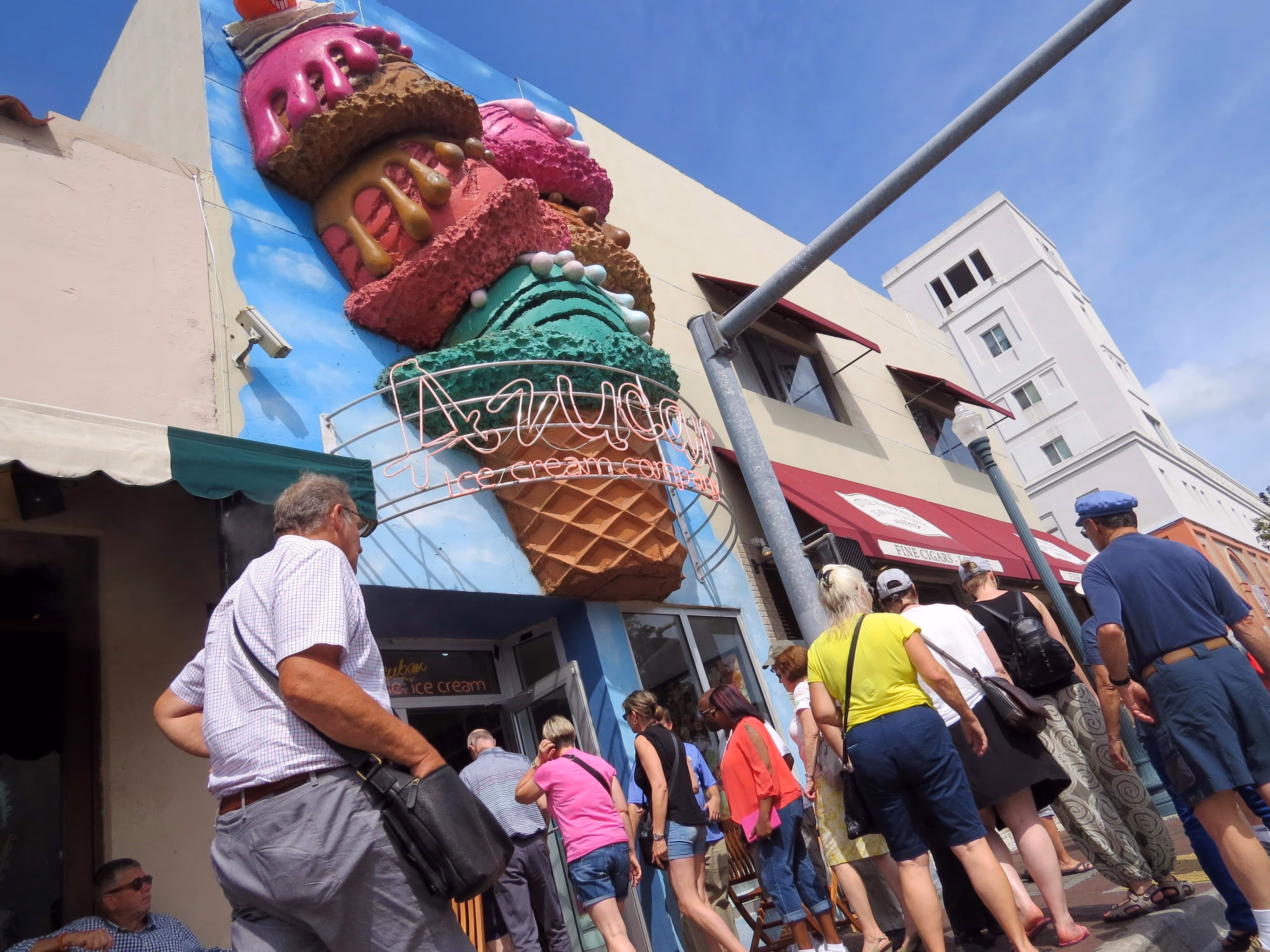 Group walking to Azucar Ice Cream parlor on Calle Ocho