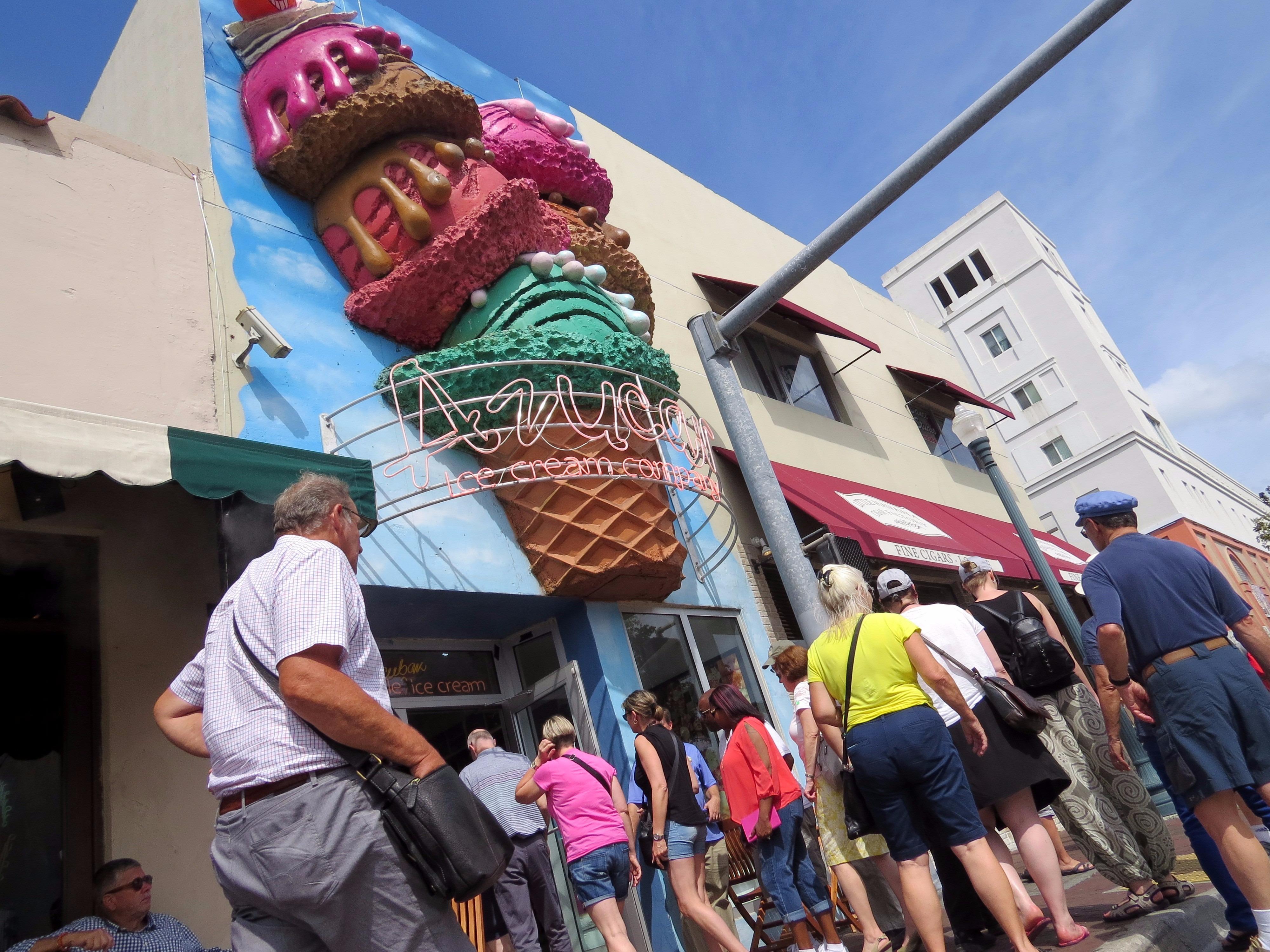Group walking to Azucar Ice Cream parlor on Calle Ocho