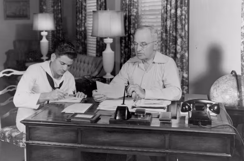 Black and white photo of President Truman at his Winter White House in Key West