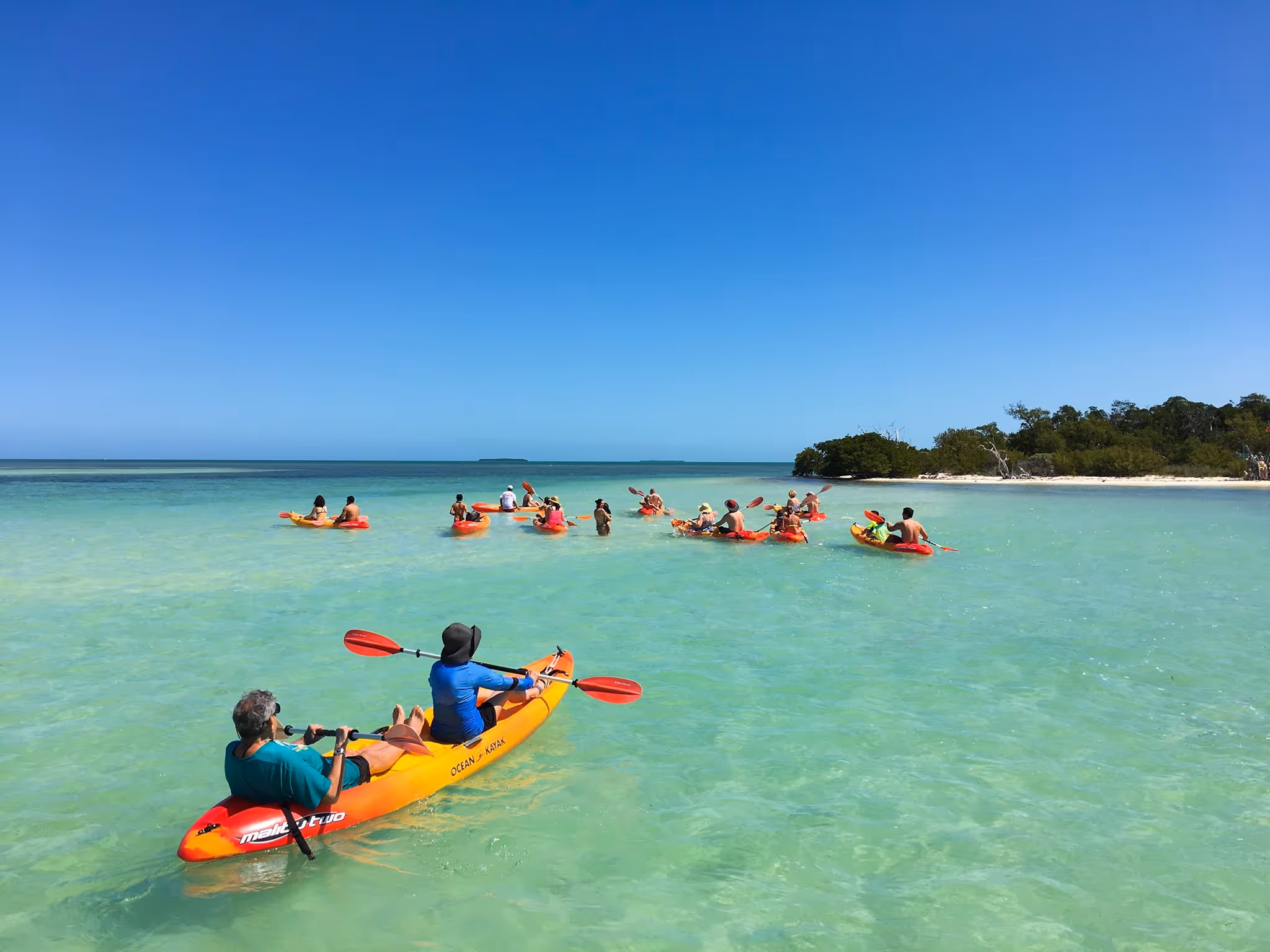 Friends kayaking off the beach 