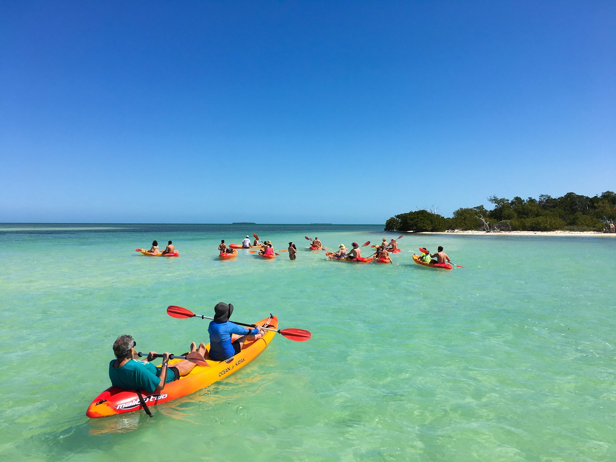 Friends kayaking off the beach 