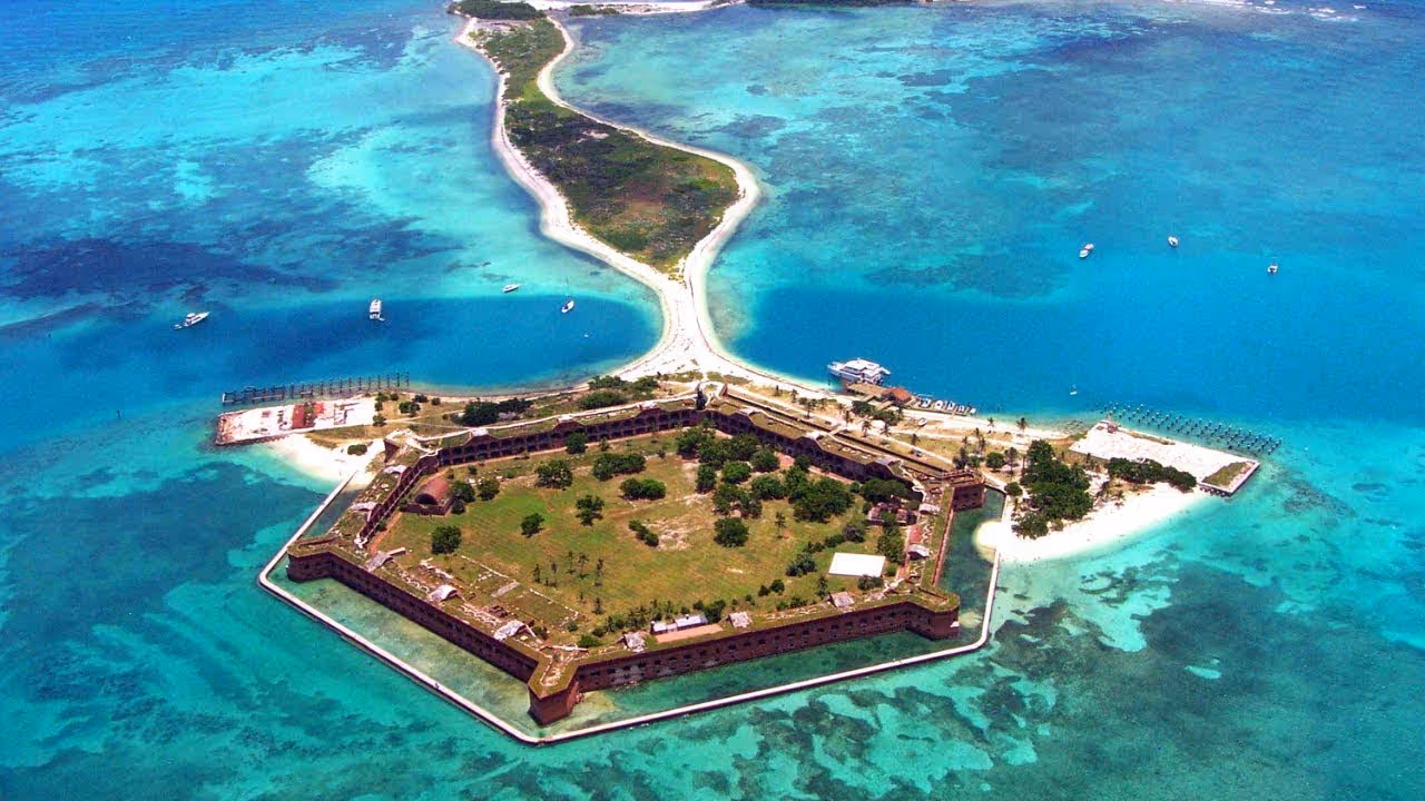 Drone shot of Fort Jefferson surrounded by blue water