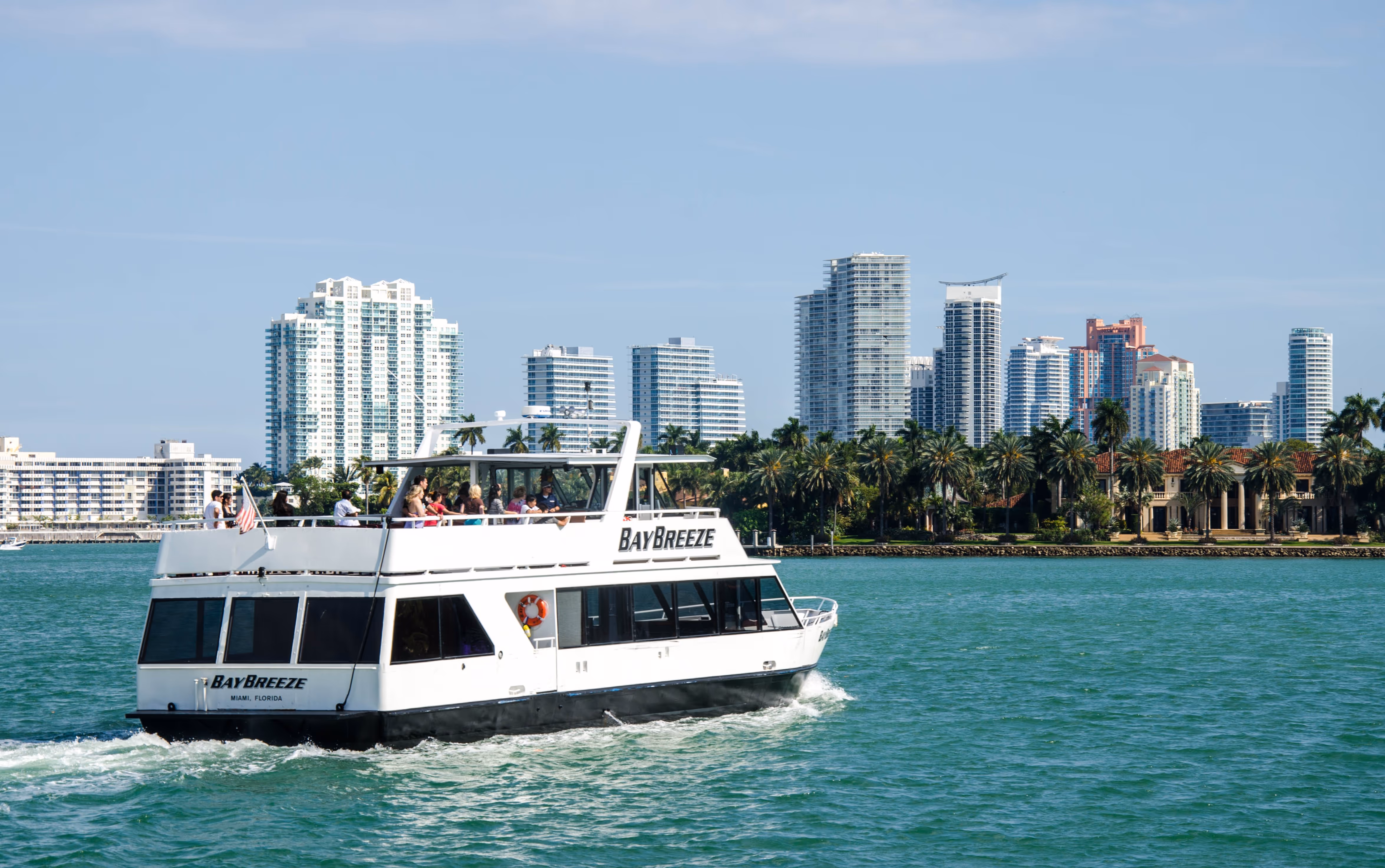 Tour boat in Biscayne Bay on a sunny day