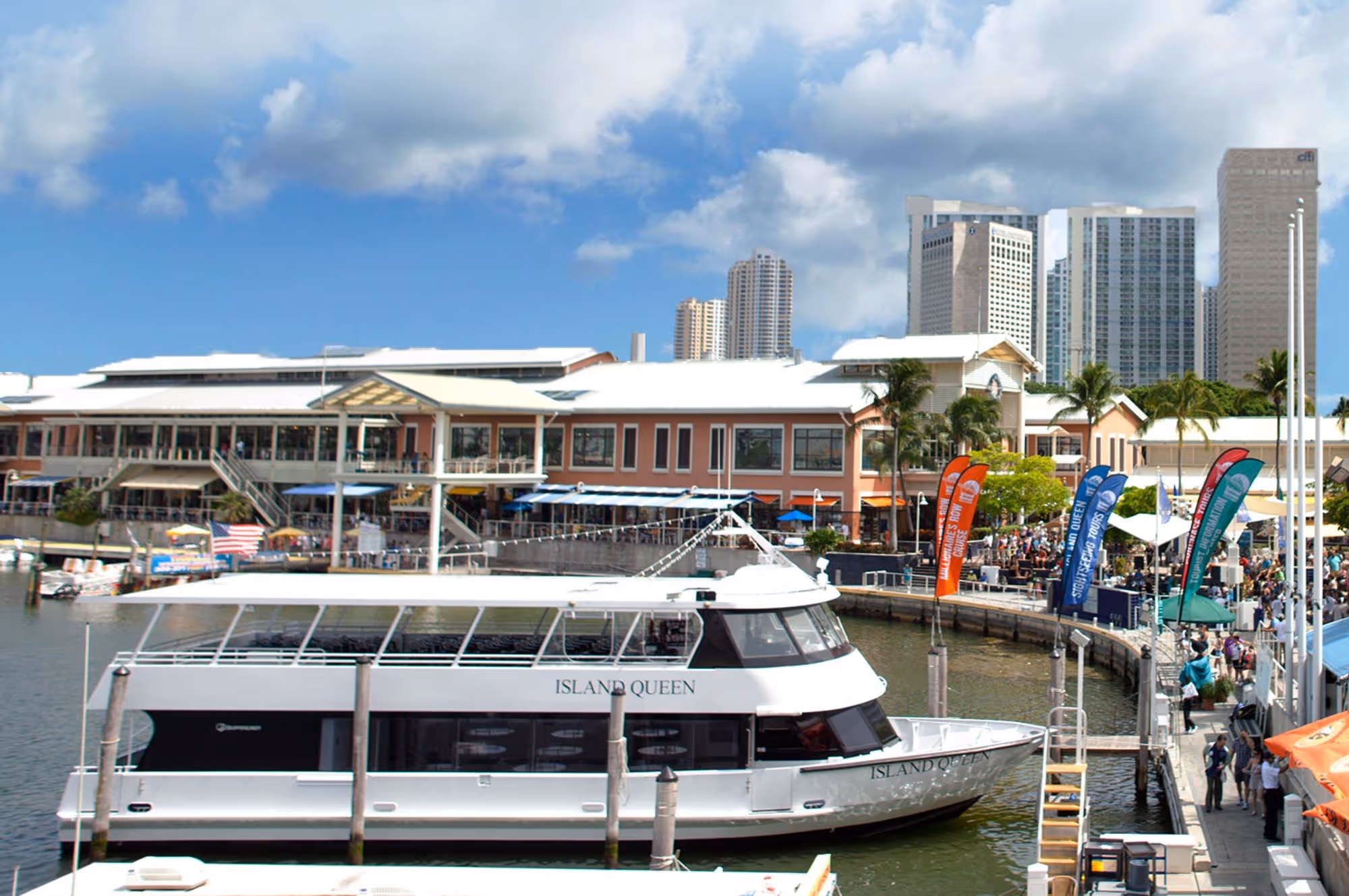 Tour boat docked at Bayside