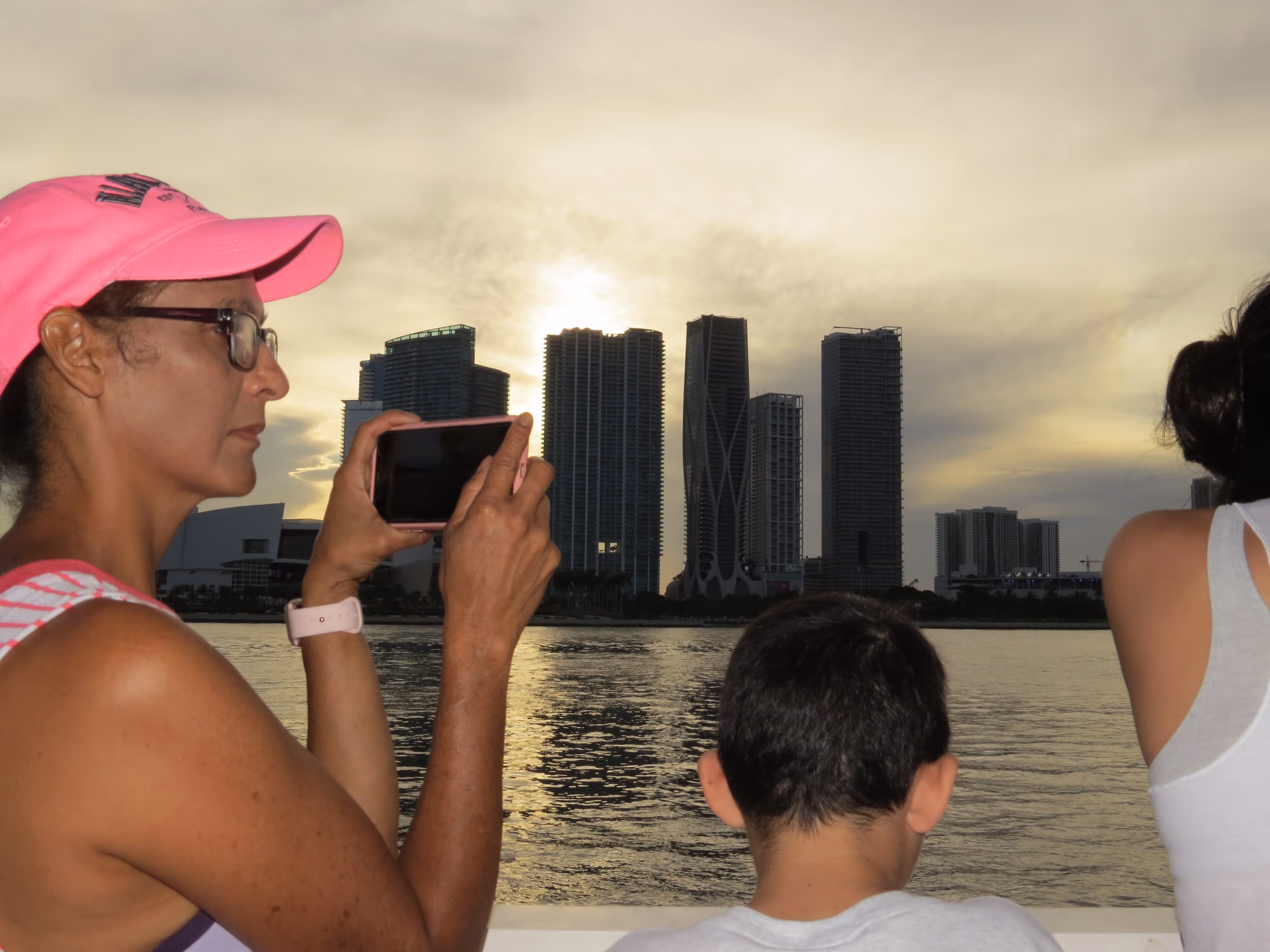 Take a photo of the Miami skyline at sunset